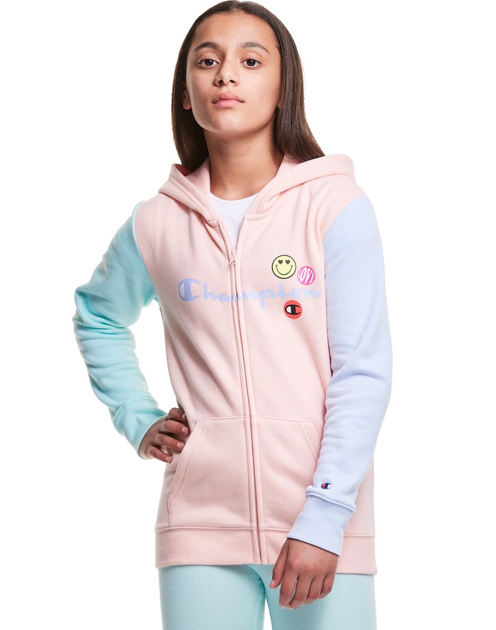 Champion Colorblock Fleece Full Zip Smiley Face Kiz Çocuk Kapşonlu Sweatshirt Mercan/Mavi ( ALCZVH69